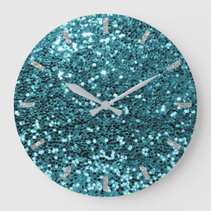 Teal Aqua Blue Sparkly Faux Glitter Grey Large Clock