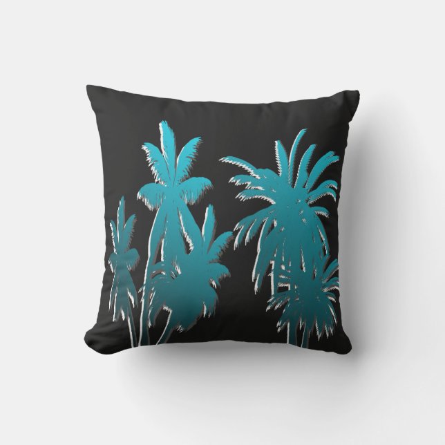 Teal Aqua Blue Tropical Palm Trees Black Cushion (Front)