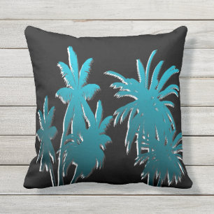 Teal Aqua Blue Tropical Palm Trees Black Cushion