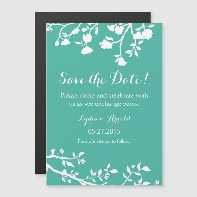 Teal Aqua Blue White Flower Save The Date Magnet (Front/Back)