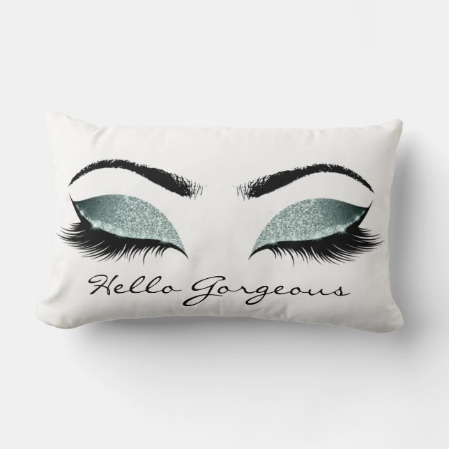 Teal Aqua Blue White Makeup Lashes Hello Gorgeous Lumbar Cushion (Front)