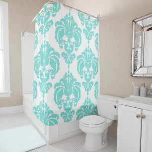 Teal Aqua Blue & White Royal Glam Damask Shower Curtain
