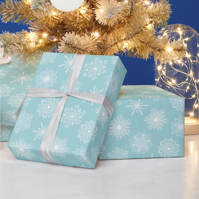 Teal Aqua Blue Winter Holidays Snowflakes Wrapping Paper (Holidays)