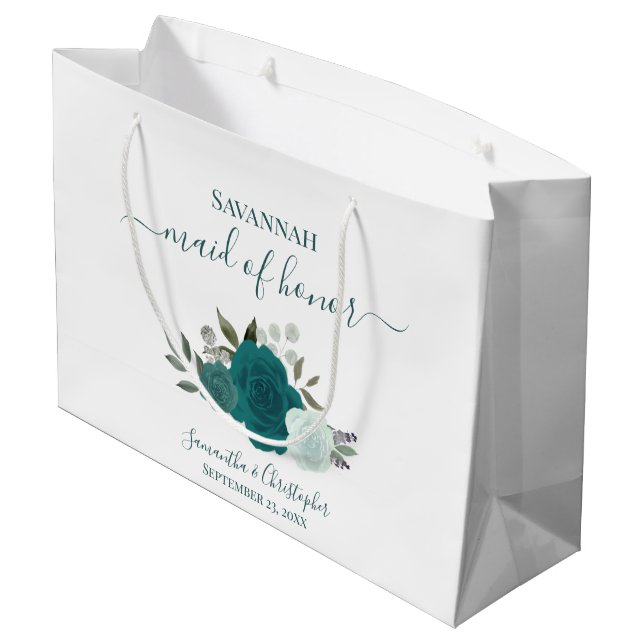 Teal & Aqua Boho Chic Roses Wedding Maid of Honor Large Gift Bag (Back Angled)