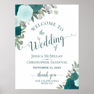 Teal & Aqua Boho Chic Roses Wedding Welcome Poster