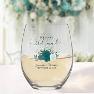 Teal Aqua Boho Roses Bridesmaid Maid of Honour Gif Stemless Wine Glass
