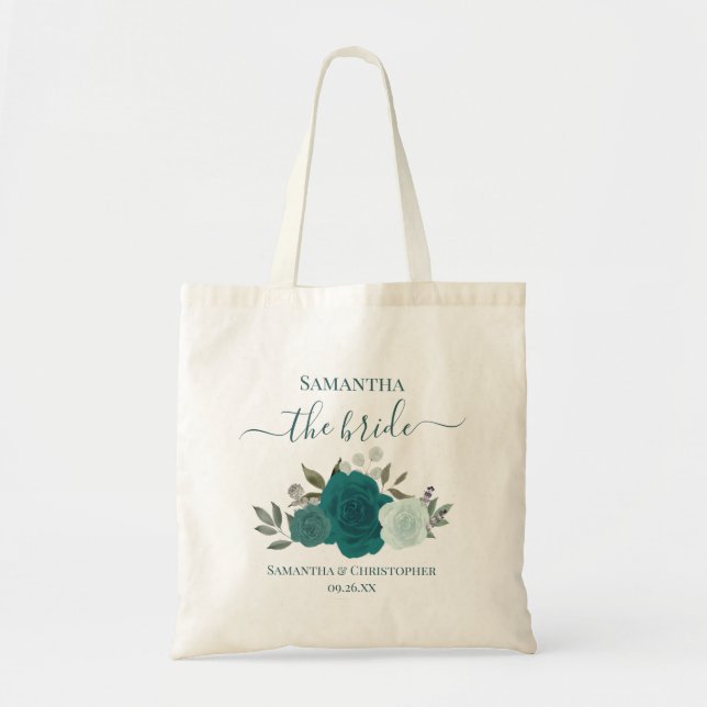 Teal & Aqua Boho Roses Elegant Bride Wedding Tote Bag (Front)