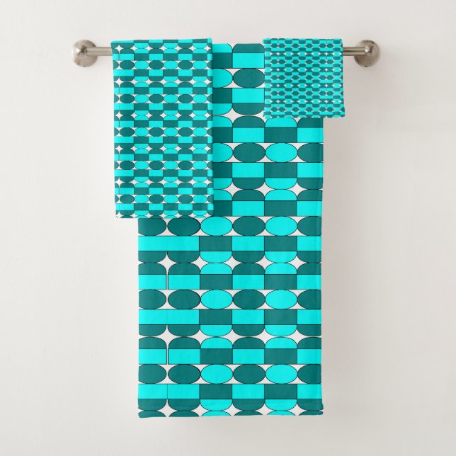 Teal Aqua Contemporary Geometric Pattern Bath Towel Set (Insitu)