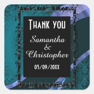 Teal aqua damask and black thank you square sticker