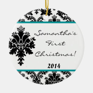Teal Aqua Damask Lace Personalised Name Ornament