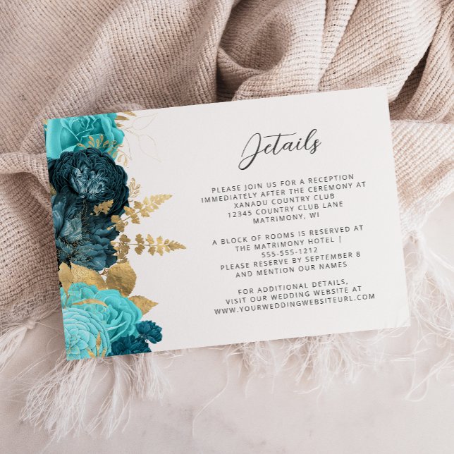 Teal Aqua Floral Gold Script Wedding Details  Enclosure Card (Creator Uploaded)
