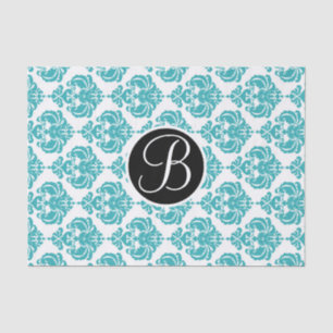Teal Aqua Glam Damask Monogram Letter Initial Tissue Paper