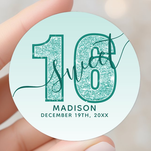 Teal Aqua Glitter Script Sweet 16 Birthday Classic Round Sticker (Creator Uploaded)