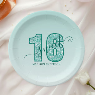 Teal Aqua Glitter Script Sweet 16 Paper Plate