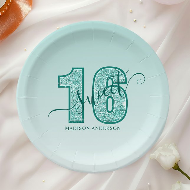 Teal Aqua Glitter Script Sweet 16 Paper Plate (Creator Uploaded)