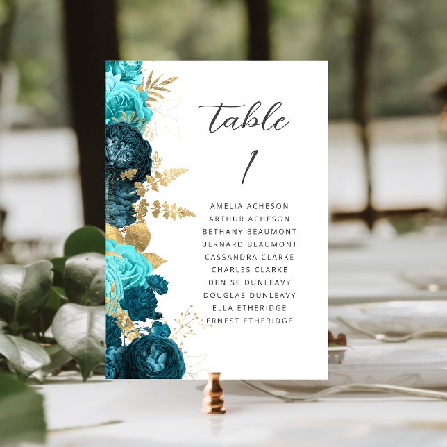 Teal Aqua Gold Floral Modern Script Wedding Table Number (Creator Uploaded)