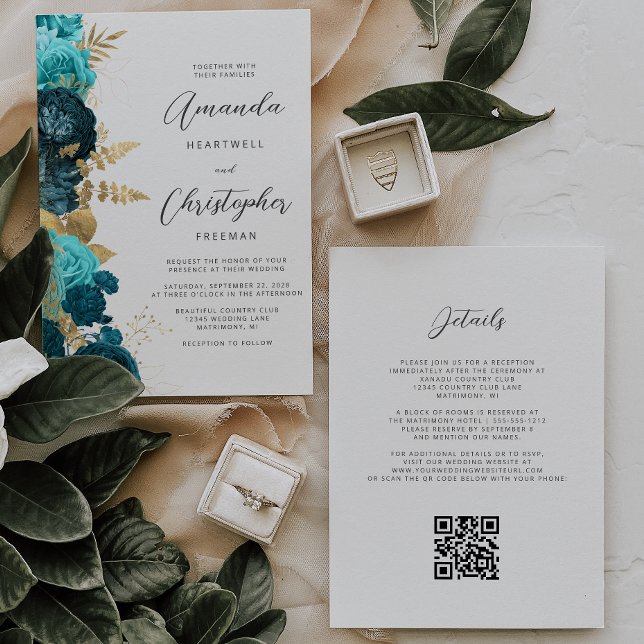 Teal Aqua Gold Floral QR Code Wedding Invitation (Creator Uploaded)