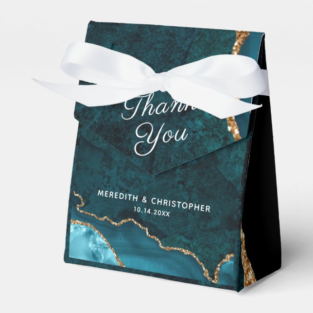 Teal Aqua Gold Glitter Agate Wedding Favour Box (Front Side)