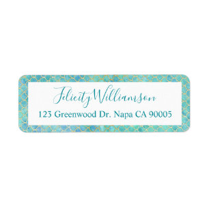 Teal, Aqua & Gold Watercolor Mermaid Scale Pattern Return Address Label