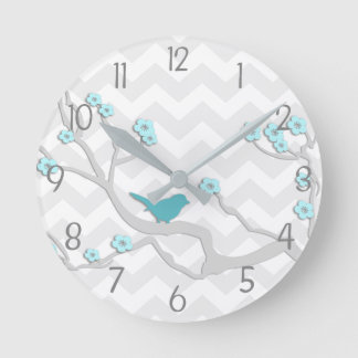 Teal Aqua Gray Bird on Branch Nursery Wall Clock