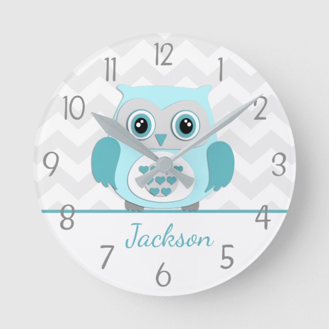 Teal Aqua Gray Owl Nursery Wall Clock (Front)