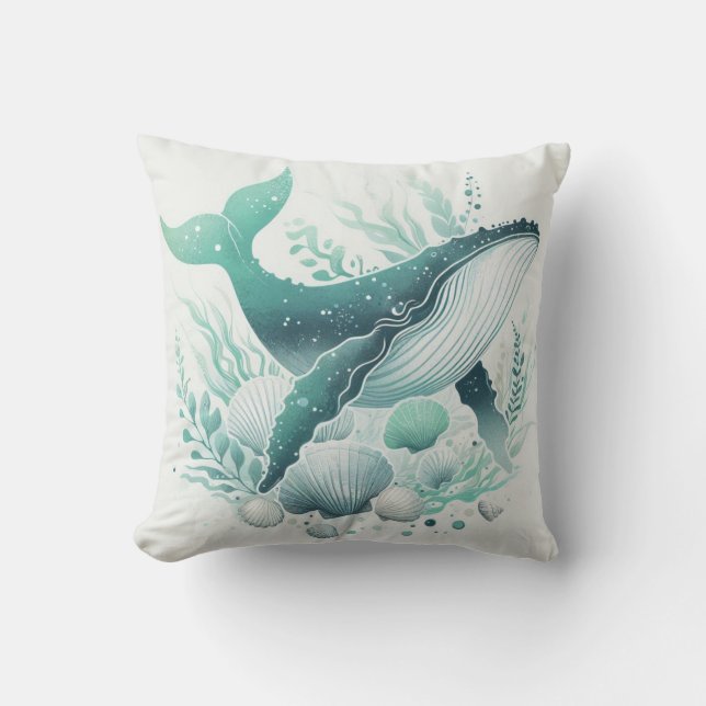 Teal Aqua Green Humpback Whale Sealife Nautical Cushion (Front)