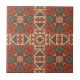 Teal Aqua Green Terracotta Orange Ethnic Tribe Art Ceramic Tile