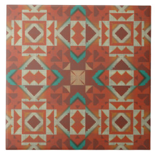 Teal Aqua Green Terracotta Orange Ethnic Tribe Art Ceramic Tile