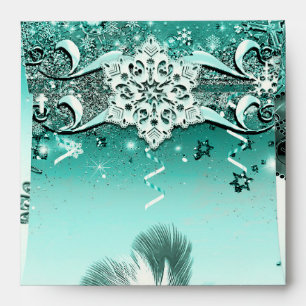 Teal Aqua Green Winter Masquerade & Snowflakes Envelope