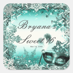 Teal Aqua Green Winter Masquerade & Snowflakes Square Sticker
