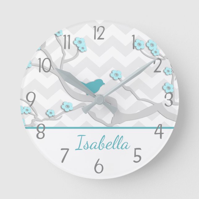 Teal Aqua Grey Bird on Branch Nursery Wall Clock (Front)