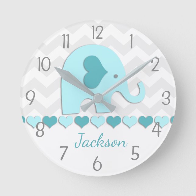 Teal Aqua Grey Elephant Nursery Wall Clock (Front)