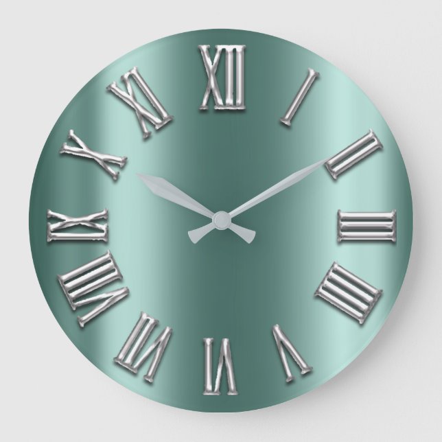 Teal Aqua Grey Metal Grey Silver Roman Number Large Clock (Front)