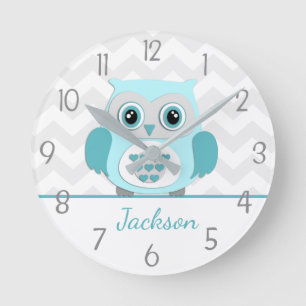 Teal Aqua Grey Owl Nursery Wall Clock