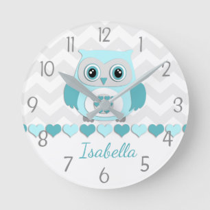 Teal Aqua Grey Owl Nursery Wall Clock