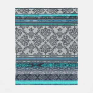 Teal, Aqua & Grey Vintage Bohemian Wallpaper Fleece Blanket