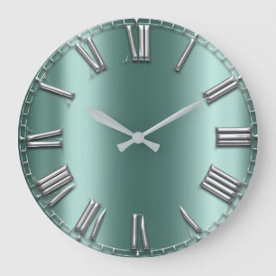 Teal Aqua Mint Grey Grey Silver Roman Numbers Lux Large Clock
