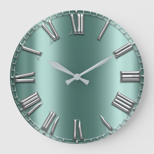 Teal Aqua Mint Grey Grey Silver Roman Numbers Lux Large Clock (Front)