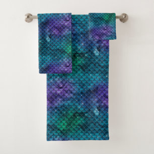 Teal Aqua Purple Mermaid Sparkle Bath Towel Set