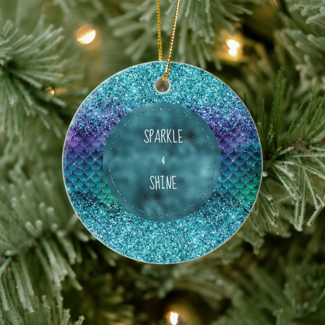 Teal Aqua Purple Mermaid Sparkle Glitter Ceramic Ornament (Tree)