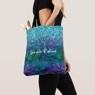 Teal Aqua Purple Mermaid Sparkle Glitter Tote Bag