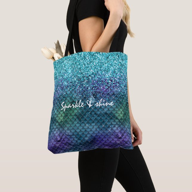 Teal Aqua Purple Mermaid Sparkle Glitter Tote Bag (Close Up)