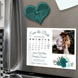 Teal & Aqua Roses Calendar & Photo Save the Date Magnetic Invitation
