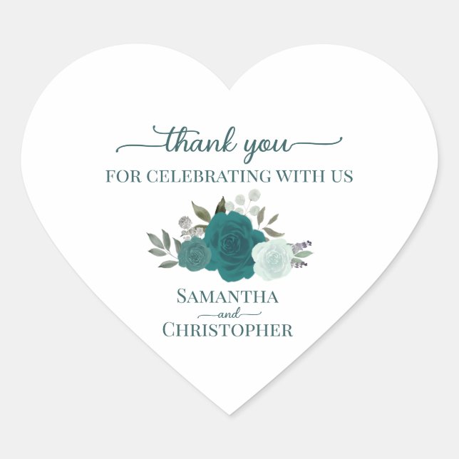 Teal & Aqua Roses Elegant Wedding Thank You Heart Sticker (Front)