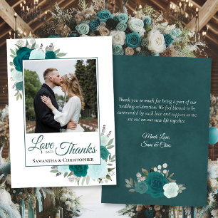 Teal & Aqua Roses Love Thanks Wedding Photo & Note Thank You Card