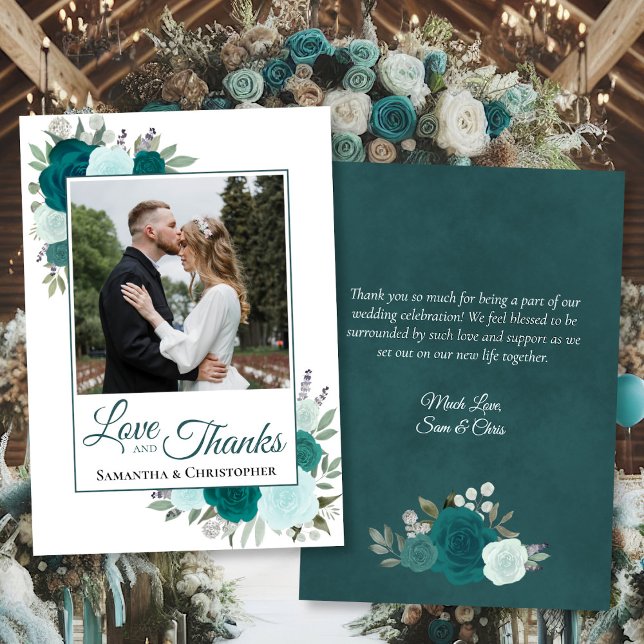 Teal & Aqua Roses Love Thanks Wedding Photo & Note Thank You Card (Front/Back)
