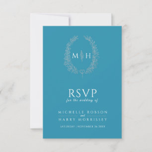 Teal aqua silver drawn leaf monogram RSVP wedding