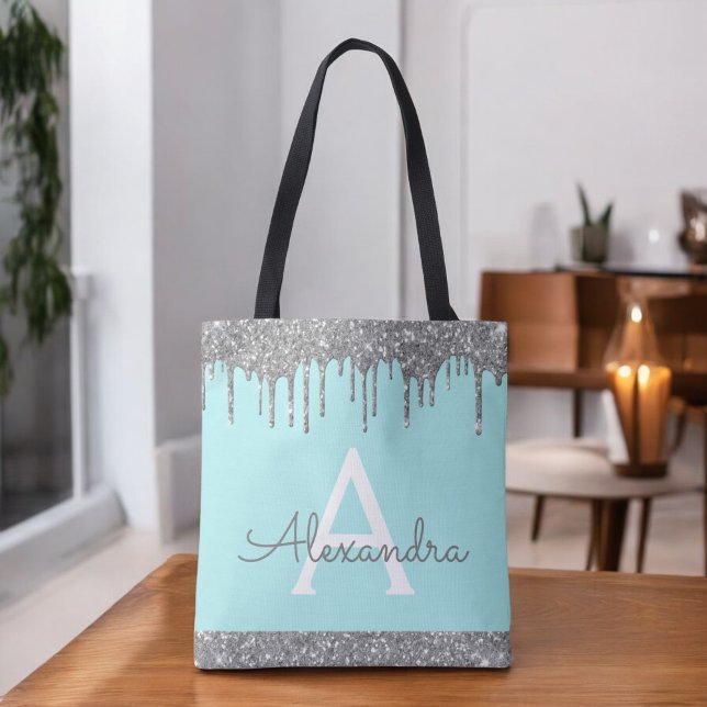 Teal Aqua Silver Glitter Sparkle Elegant Monogram Tote Bag (Creator Uploaded)