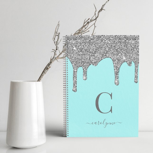 Teal Aqua Silver Sparkle Glitter Drips Monogram Notebook (Creator Uploaded)