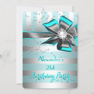 Teal Aqua Silver Stripe Bow Pearl Birthday Party Invitation